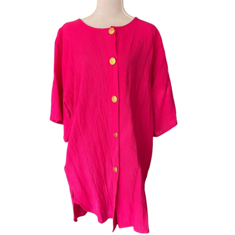 WearAbouts Swim Coverup hot pink buttonup‎ Shirt Dress oversized Beach Pockets S